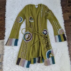 Women's Felicity Citron Green Floral Embroidered Wool Blend Duster Small Art